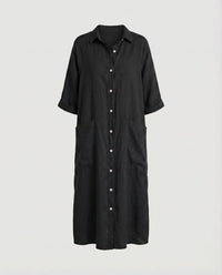 Gilda Relaxed Linen Dress with Pockets and Side Split in Black