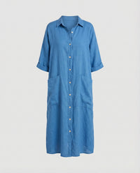 Gilda Relaxed Linen Dress with Pockets and Side Split in Blue