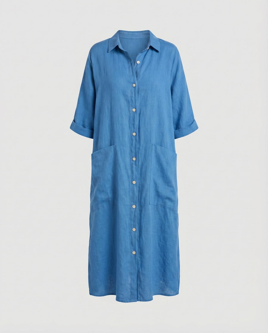Gilda Relaxed Linen Dress with Pockets and Side Split in Blue