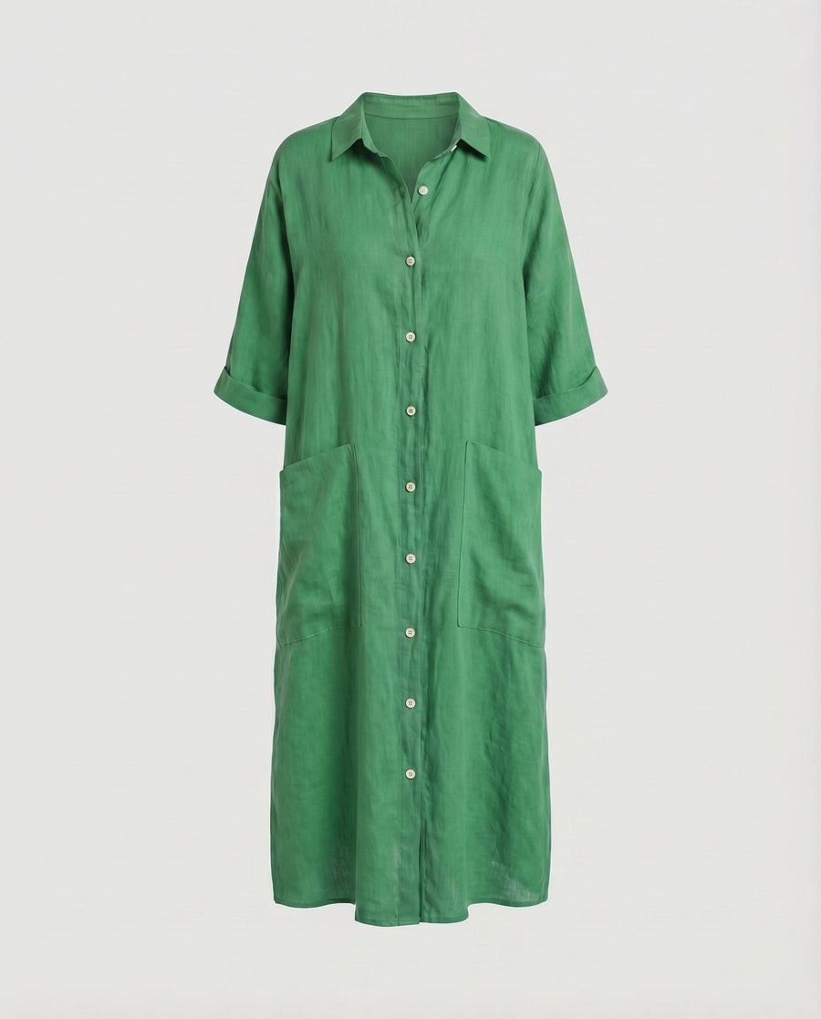 Gilda Relaxed Linen Dress with Pockets and Side Split in Green