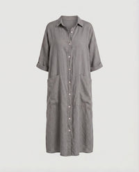 Gilda Relaxed Linen Dress with Pockets and Side Split in Grey