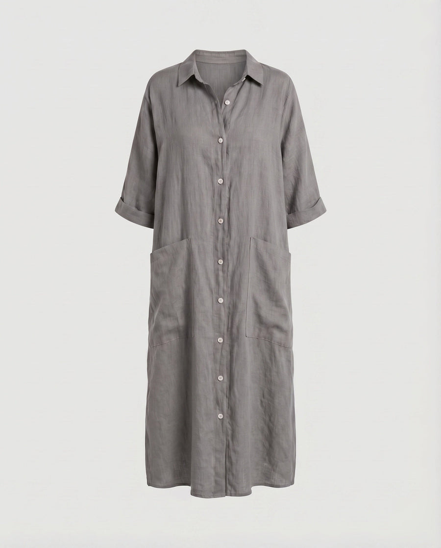 Gilda Relaxed Linen Dress with Pockets and Side Split in Grey