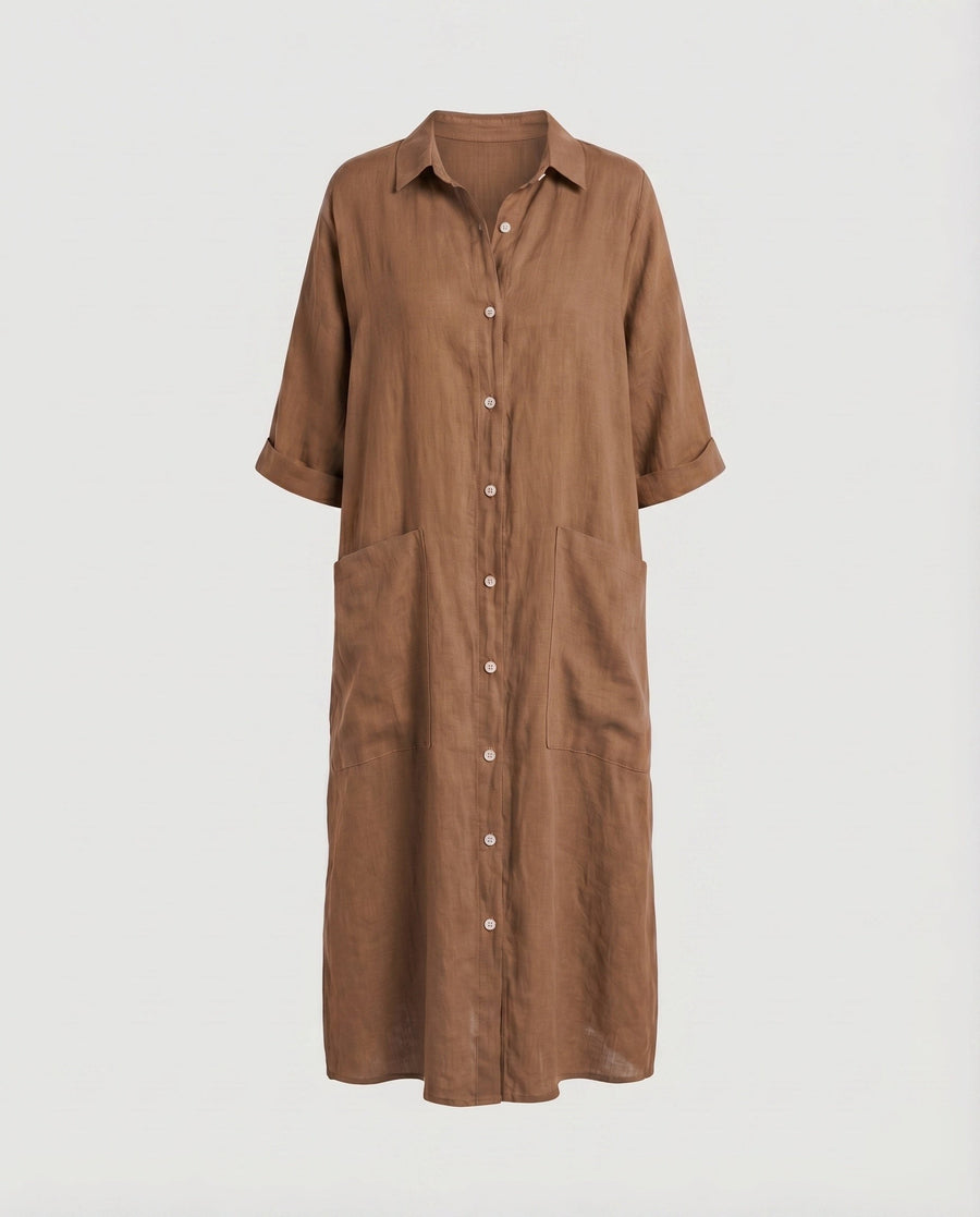 Gilda Relaxed Linen Dress with Pockets and Side Split in Khaki