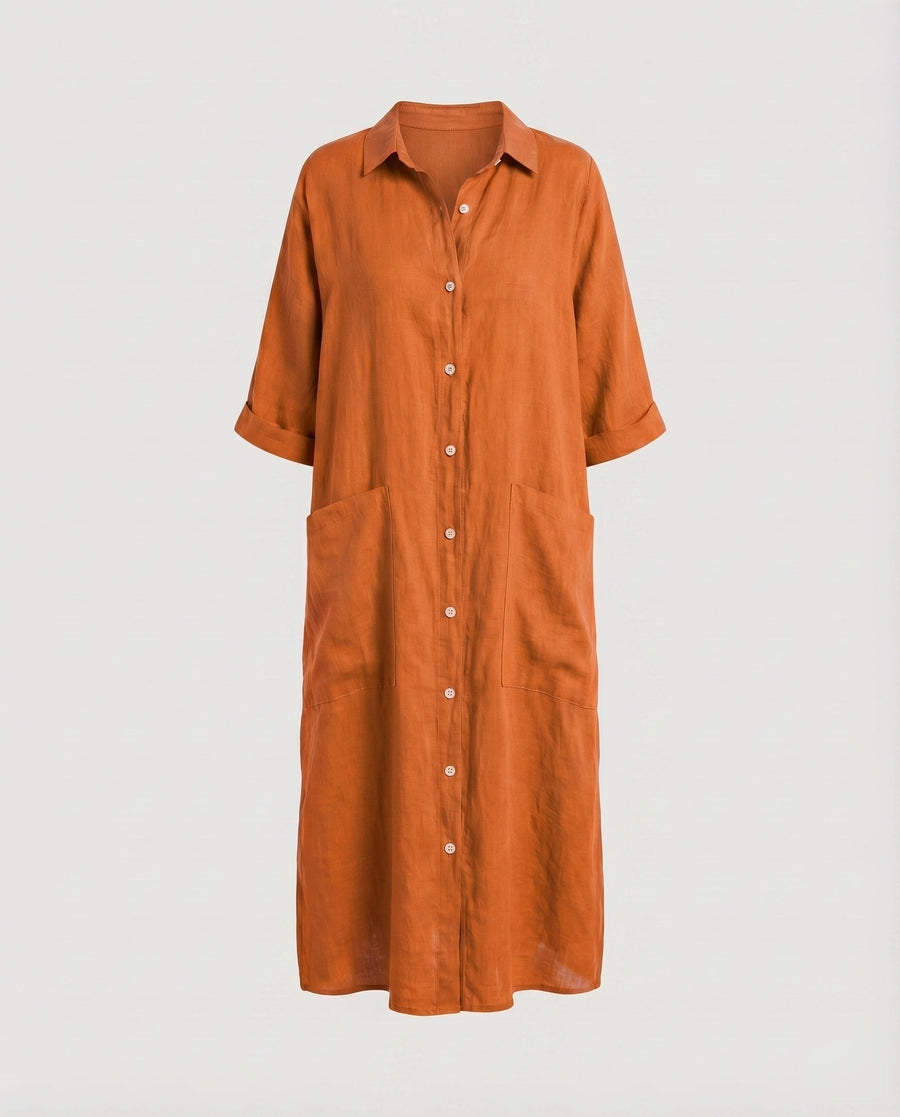 Gilda Relaxed Linen Dress with Pockets and Side Split in Orange