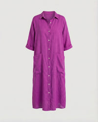 Gilda Relaxed Linen Dress with Pockets and Side Split in Purple