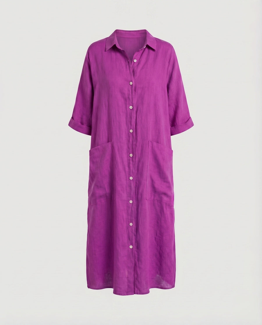 Gilda Relaxed Linen Dress with Pockets and Side Split in Purple