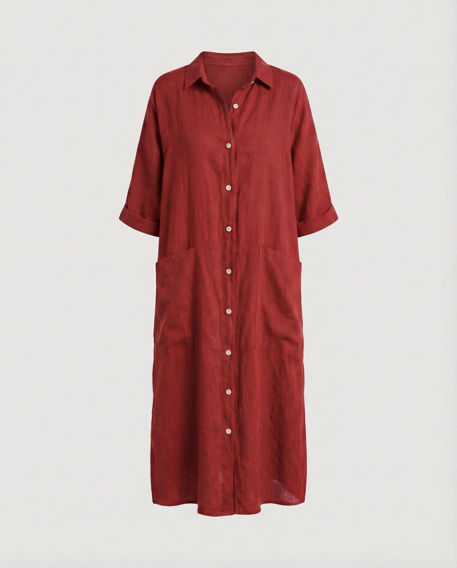 Gilda Relaxed Linen Dress with Pockets and Side Split in Red