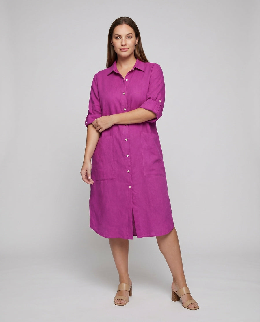 Gilda Relaxed Linen Dress with Pockets and Side Split