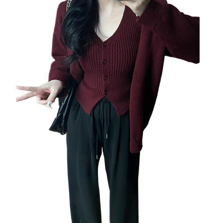 Giselle Knit Cardigan with V-Neck and Button Front in Wine Red