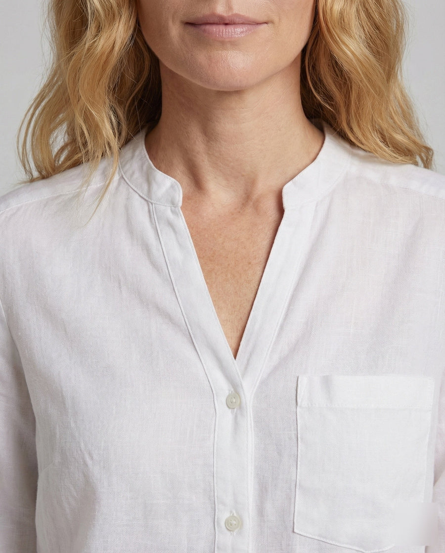 Giselle Linen Shirt with Stand Collar and Chest Pocket