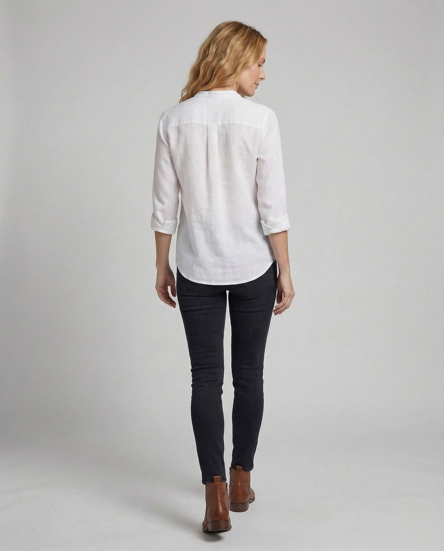Giselle Linen Shirt with Stand Collar and Chest Pocket
