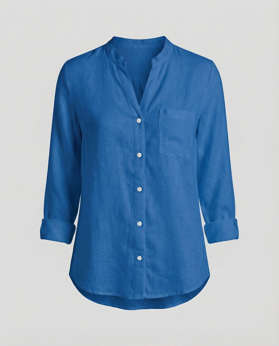 Giselle Linen Shirt with Stand Collar and Chest Pocket in Blue
