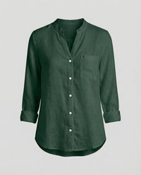 Giselle Linen Shirt with Stand Collar and Chest Pocket in Green