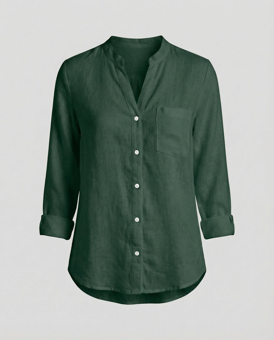 Giselle Linen Shirt with Stand Collar and Chest Pocket in Green