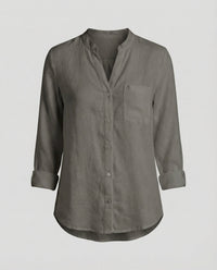 Giselle Linen Shirt with Stand Collar and Chest Pocket in Grey