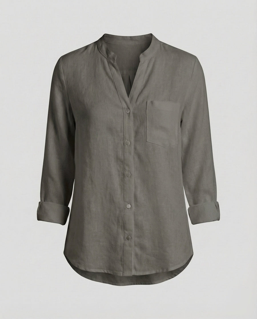 Giselle Linen Shirt with Stand Collar and Chest Pocket in Grey