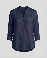 Giselle Linen Shirt with Stand Collar and Chest Pocket in Navy