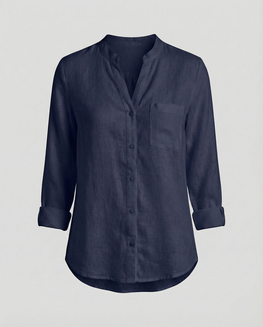 Giselle Linen Shirt with Stand Collar and Chest Pocket in Navy
