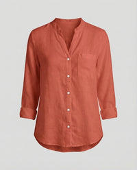 Giselle Linen Shirt with Stand Collar and Chest Pocket in Red