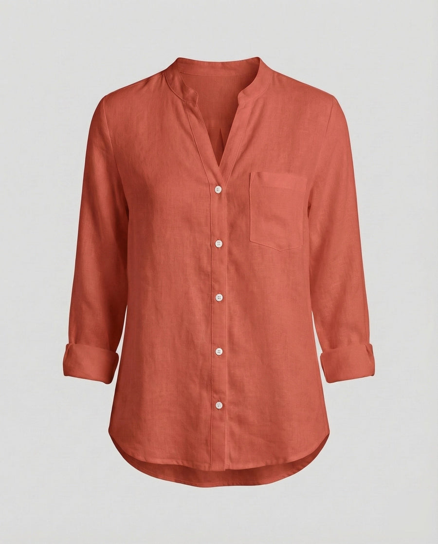 Giselle Linen Shirt with Stand Collar and Chest Pocket in Red