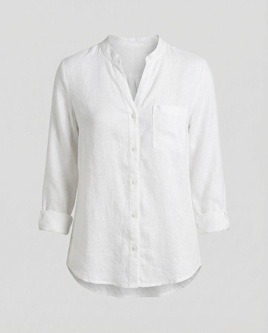 Giselle Linen Shirt with Stand Collar and Chest Pocket in White