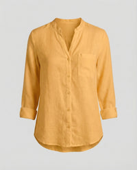 Giselle Linen Shirt with Stand Collar and Chest Pocket in Yellow