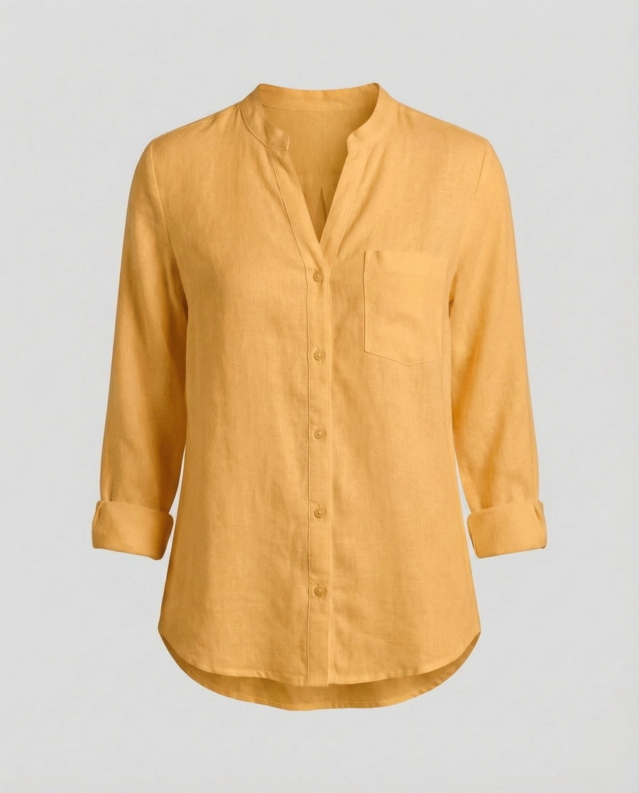 Giselle Linen Shirt with Stand Collar and Chest Pocket in Yellow