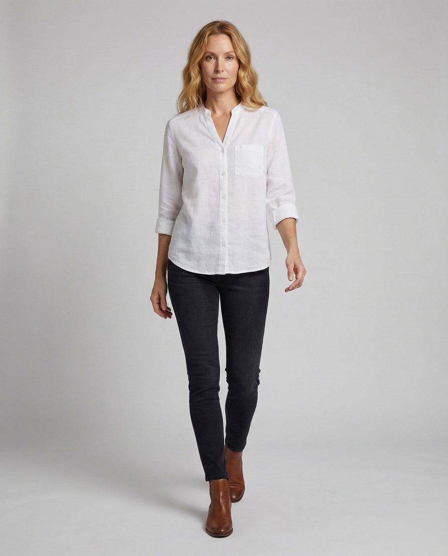 Giselle Linen Shirt with Stand Collar and Chest Pocket