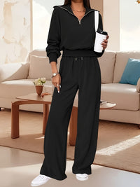 Giulia Casual Jumpsuit with Zip Front and Wide Leg in Black