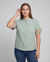 Giulia Linen Blouse with Stand Collar and Short Sleeve