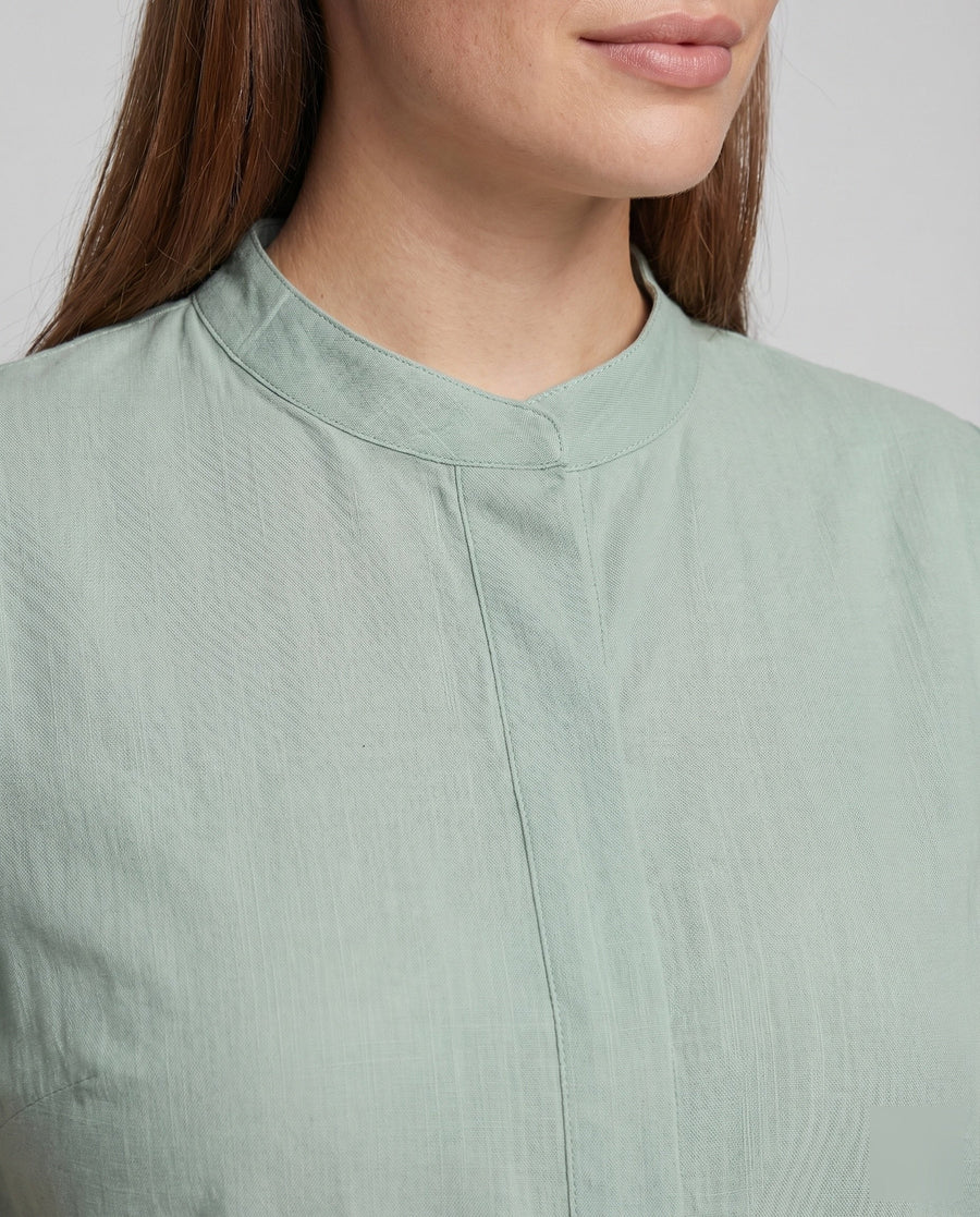 Giulia Linen Blouse with Stand Collar and Short Sleeve