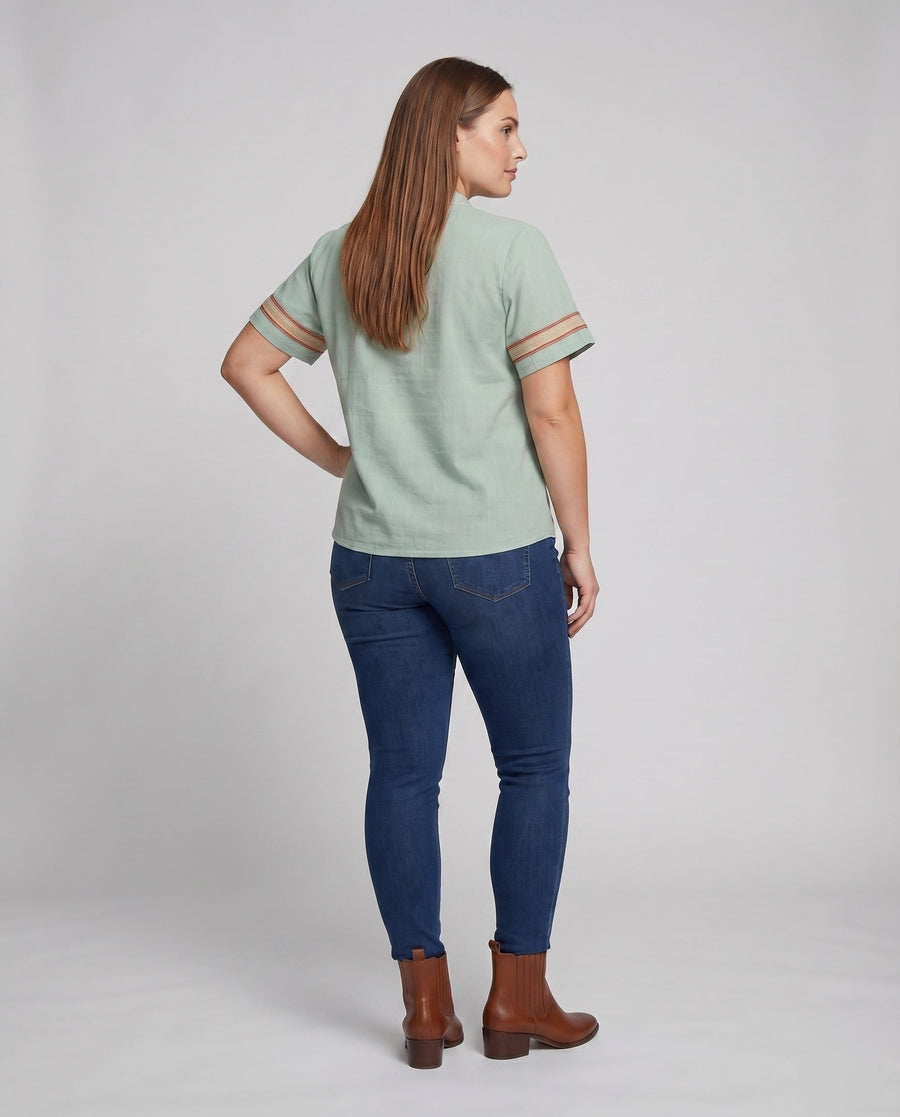 Giulia Linen Blouse with Stand Collar and Short Sleeve
