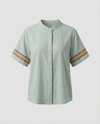 Giulia Linen Blouse with Stand Collar and Short Sleeve in Green