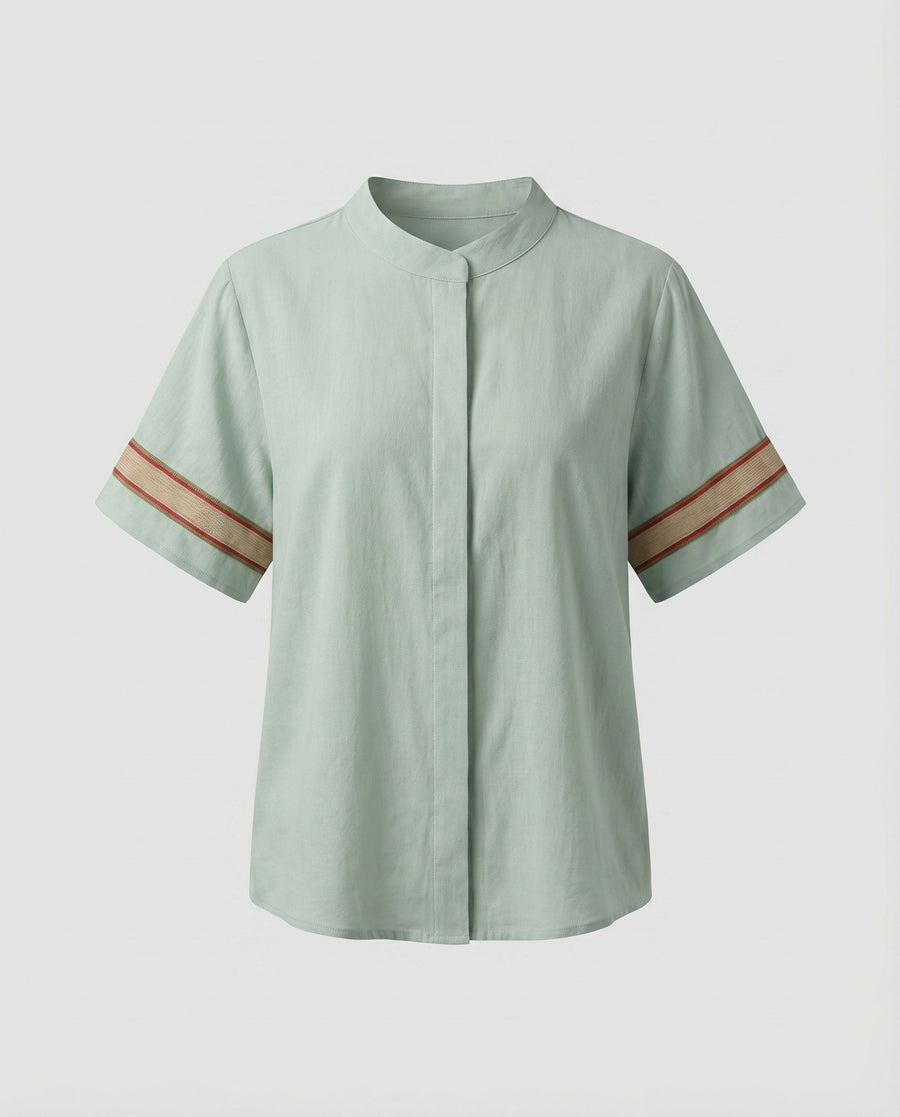 Giulia Linen Blouse with Stand Collar and Short Sleeve in Green