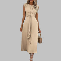 Grace Women's Sleeveless Tie Waist Ruffle Front Maxi Dress in Apricot