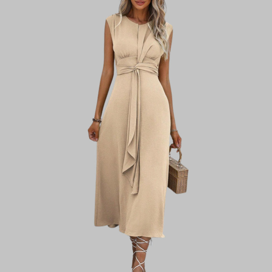 Grace Women's Sleeveless Tie Waist Ruffle Front Maxi Dress in Apricot