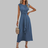 Grace Women's Sleeveless Tie Waist Ruffle Front Maxi Dress in Blue