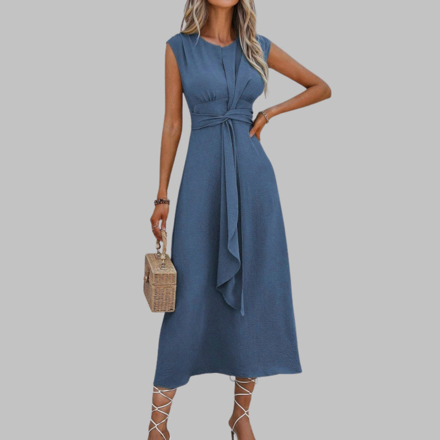 Grace Women's Sleeveless Tie Waist Ruffle Front Maxi Dress in Blue