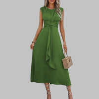 Grace Women's Sleeveless Tie Waist Ruffle Front Maxi Dress in Dark Green