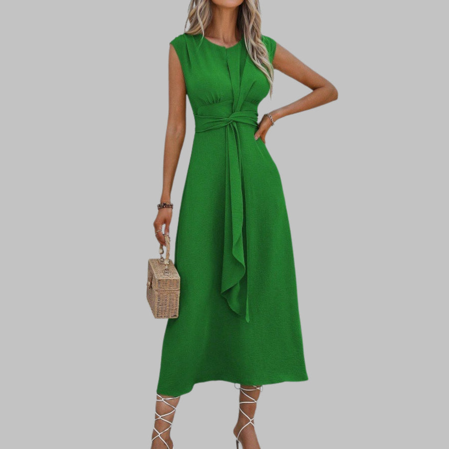 Grace Women's Sleeveless Tie Waist Ruffle Front Maxi Dress in Green