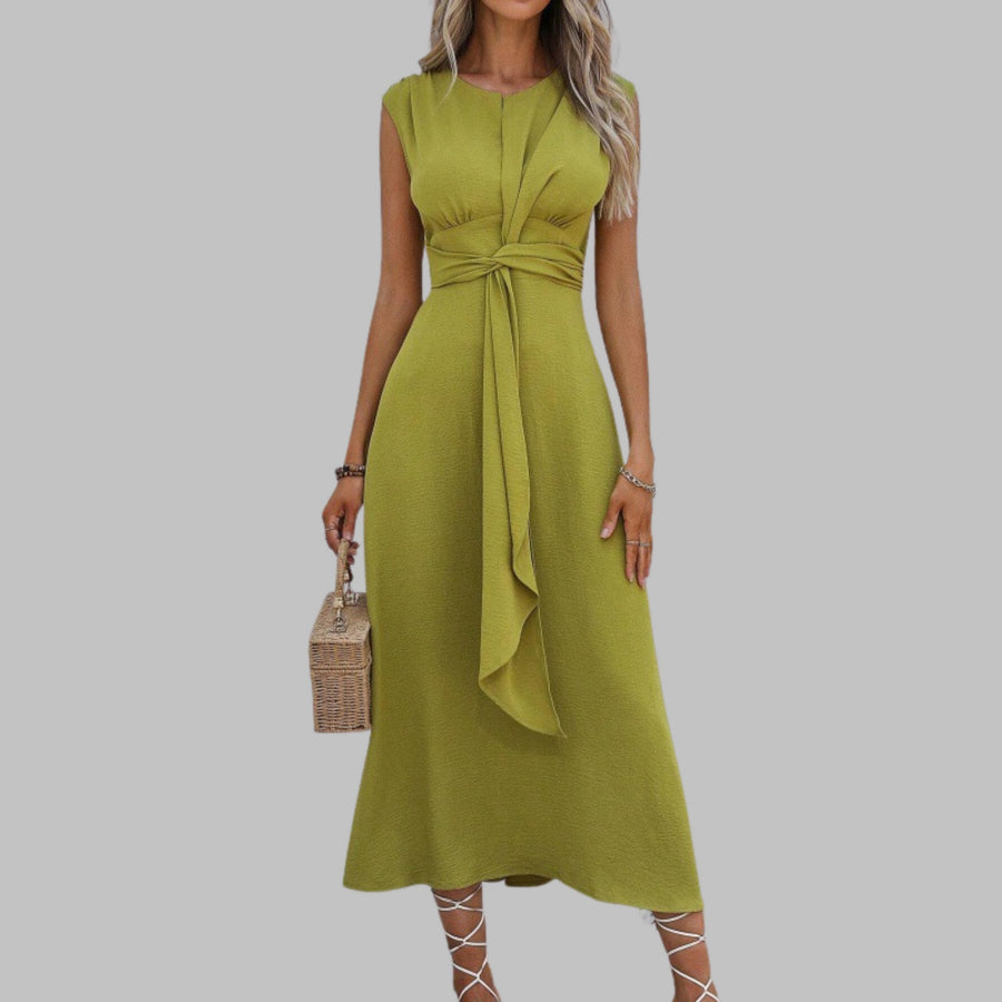 Grace Women's Sleeveless Tie Waist Ruffle Front Maxi Dress in Yellow