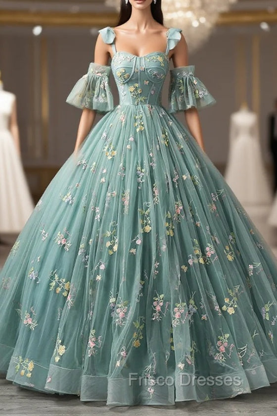 Green Lace Long A-Line Formal Dress, Spaghetti Strap Evening Gown