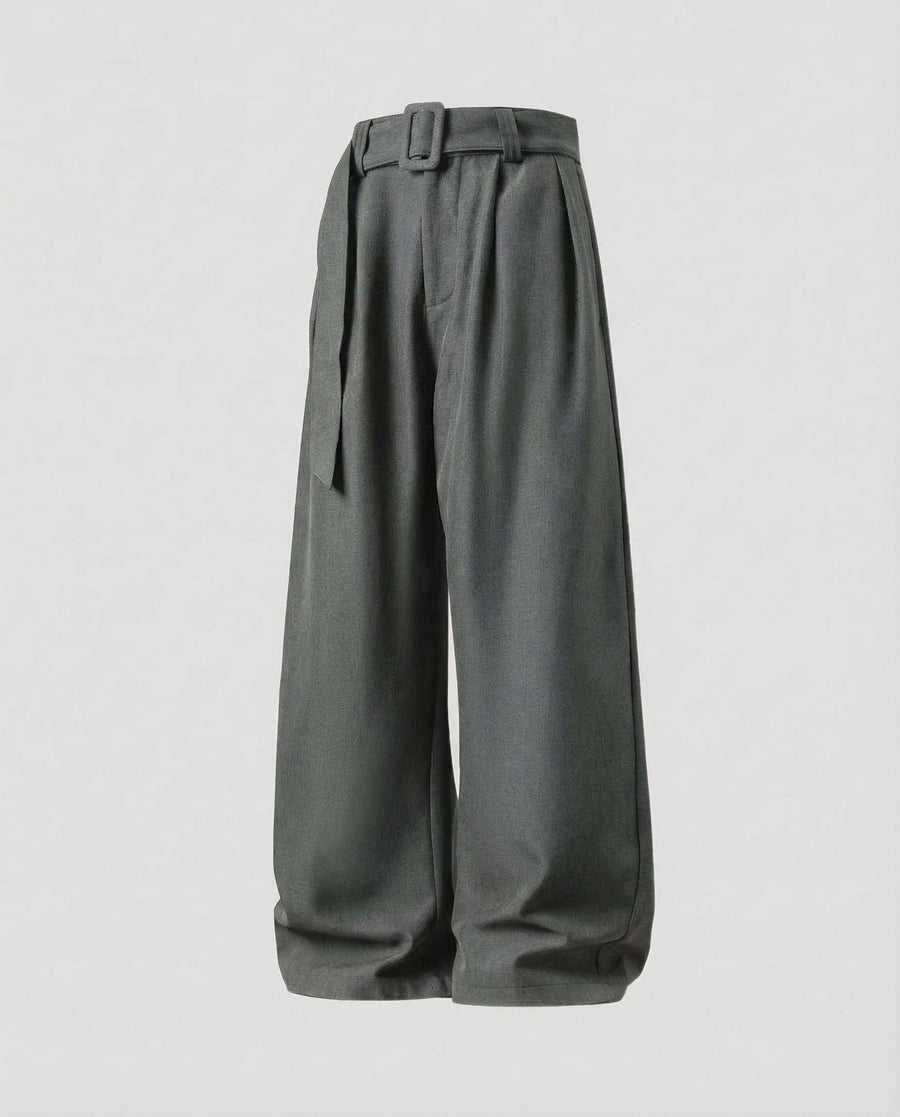 Greta Linen Trousers with Belted in Dark Grey
