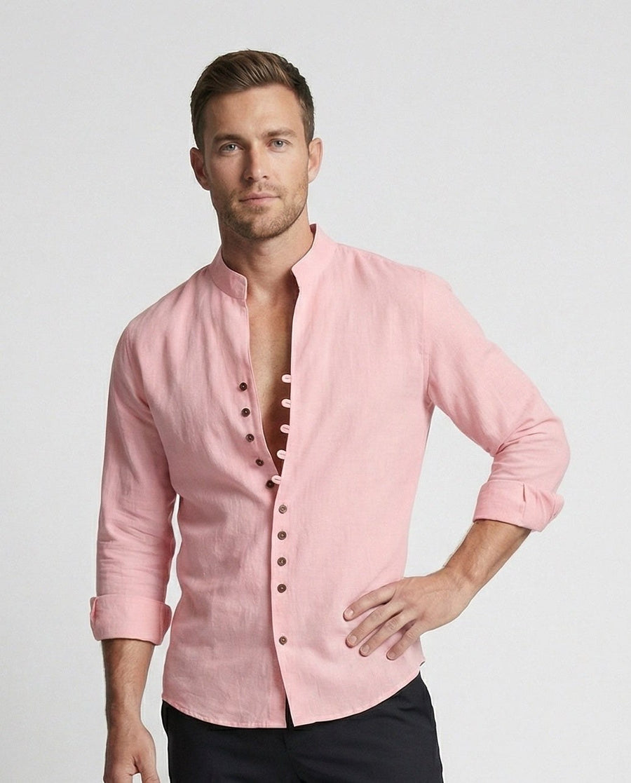Gustav Airy Linen Shirt with Stand Collar and Button Front