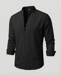 Gustav Airy Linen Shirt with Stand Collar and Button Front in Black