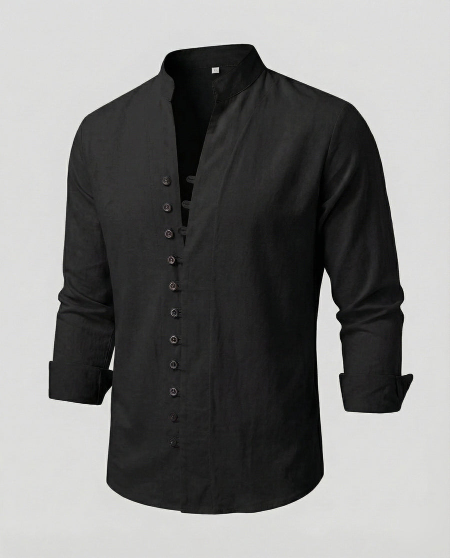 Gustav Airy Linen Shirt with Stand Collar and Button Front in Black