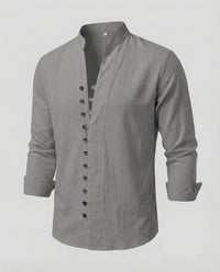 Gustav Airy Linen Shirt with Stand Collar and Button Front in Grey