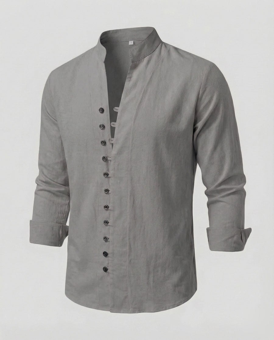 Gustav Airy Linen Shirt with Stand Collar and Button Front in Grey