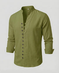 Gustav Airy Linen Shirt with Stand Collar and Button Front in Gruen
