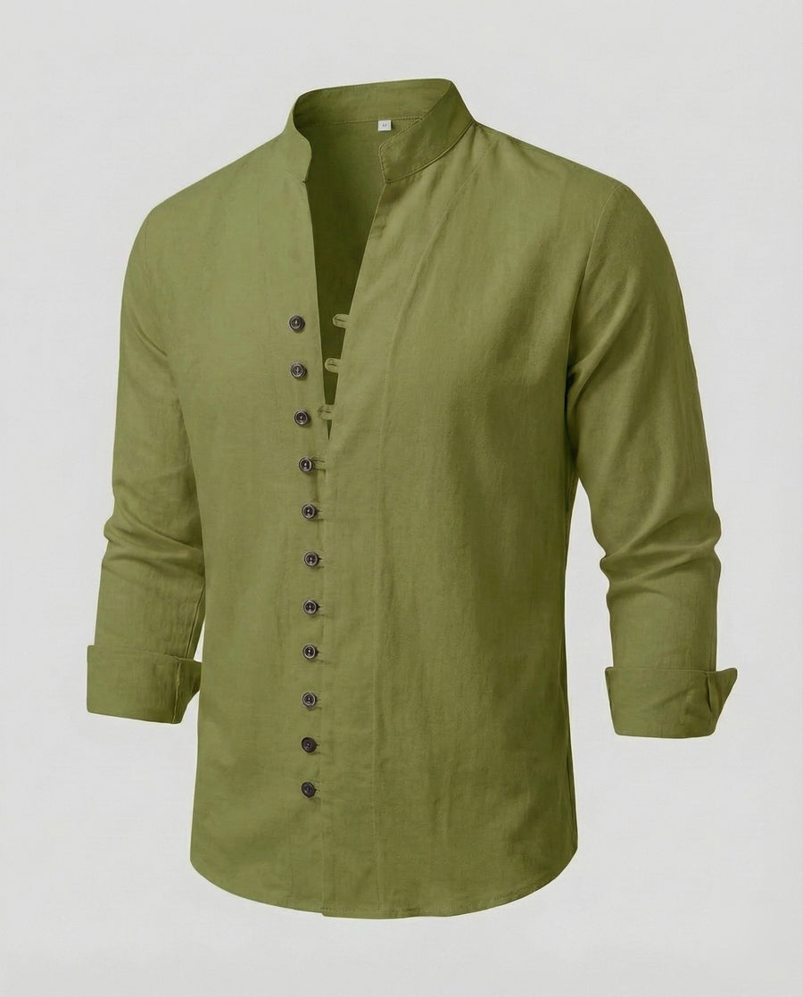 Gustav Airy Linen Shirt with Stand Collar and Button Front in Gruen